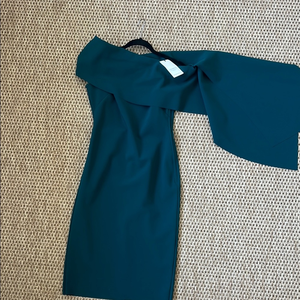 Teal Blue One Shoulder with dramatic scarf long sleeve Cocktail Dress